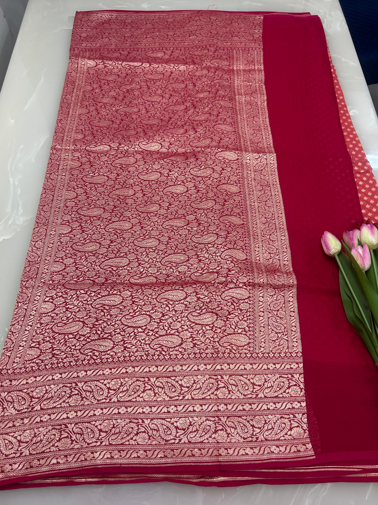 Dusty Peach color handloom Khaddi Georgette Banarasi Saree with Contrast Magenta Blouse