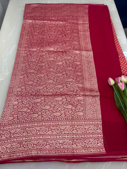 Dusty Peach color handloom Khaddi Georgette Banarasi Saree with Contrast Magenta Blouse
