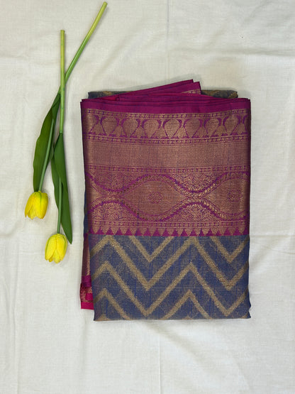 Royal Blue & Magenta with Antique Gold Zari Linen Tissue Banarasi saree with Brocade blouse piece