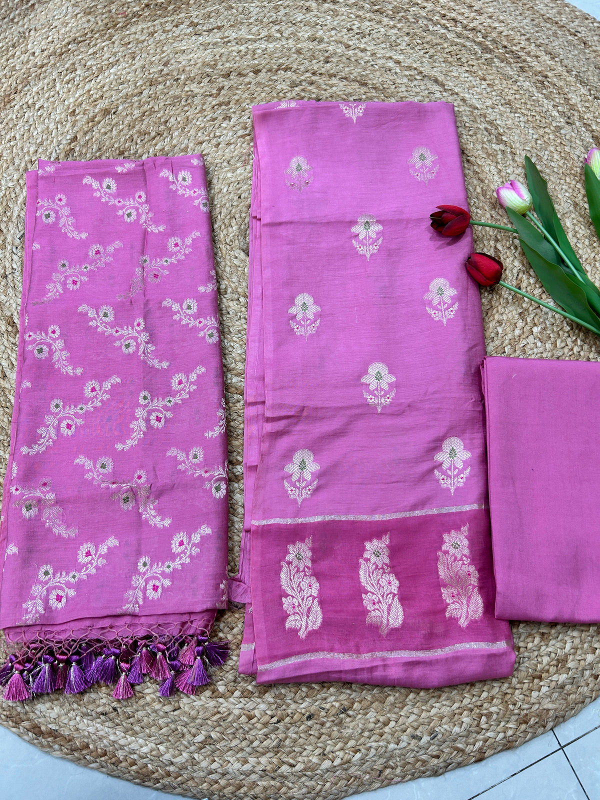 Pink blended Banarasi Silk Meenakari 3-Piece Suit Set