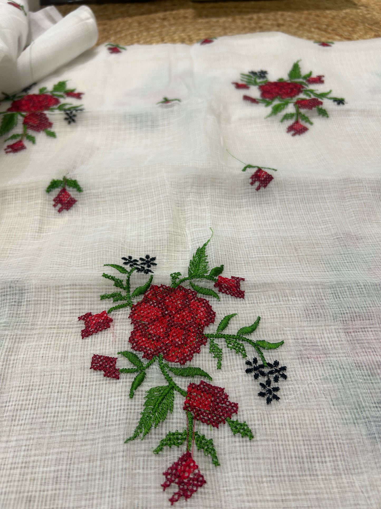 White and red cross stitched embroidery Kota Doria 3-Piece Dress Material