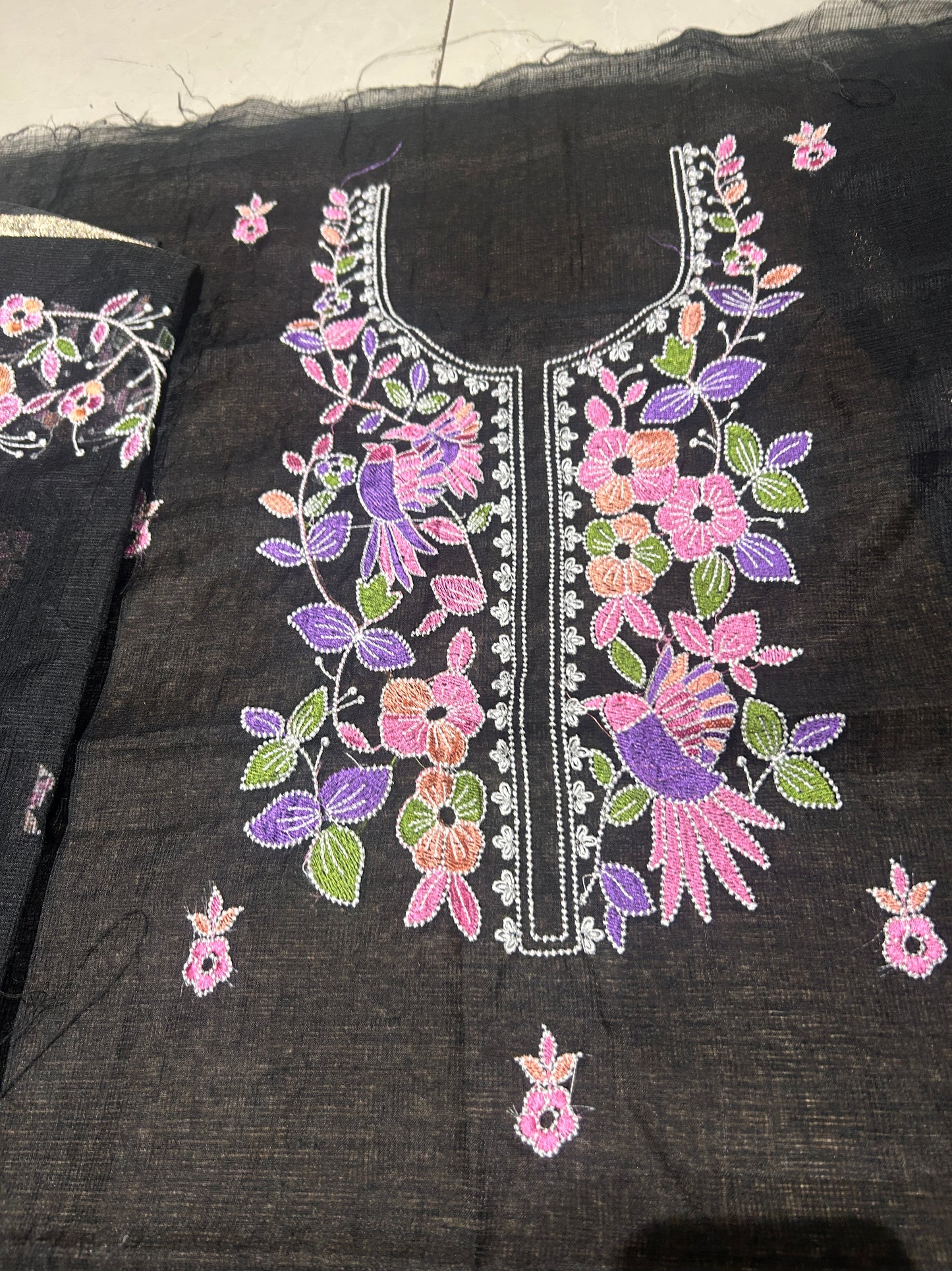 Black Floral Embroidered Mix Cotton Kota Doria 3-Piece Suit Set