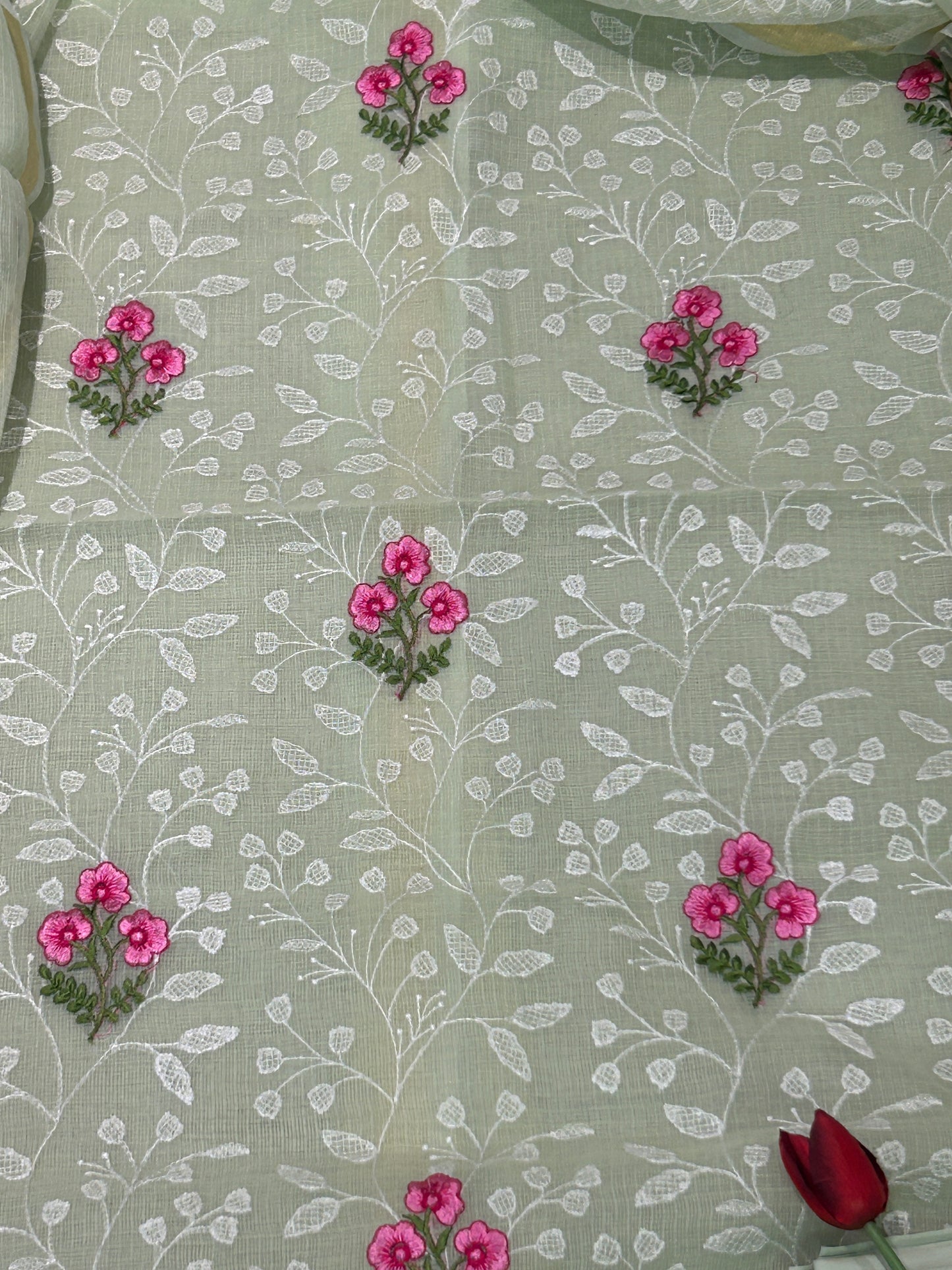 Sage Green Mixed Cotton Kota Doria Unstitched Suit Set