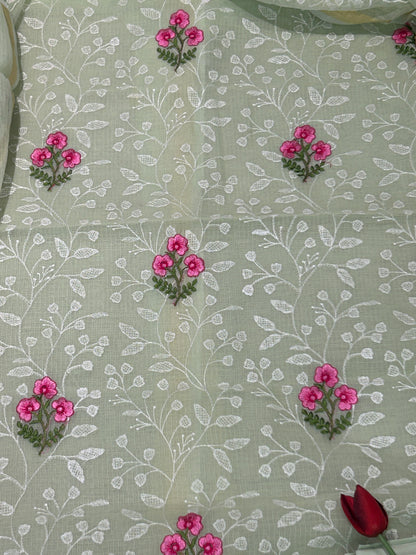 Sage Green Mixed Cotton Kota Doria Unstitched Suit Set
