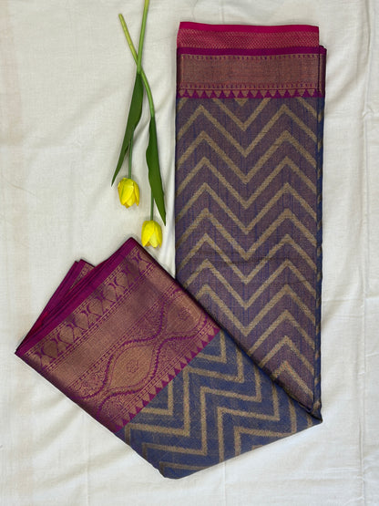 Royal Blue & Magenta with Antique Gold Zari Linen Tissue Banarasi saree with Brocade blouse piece