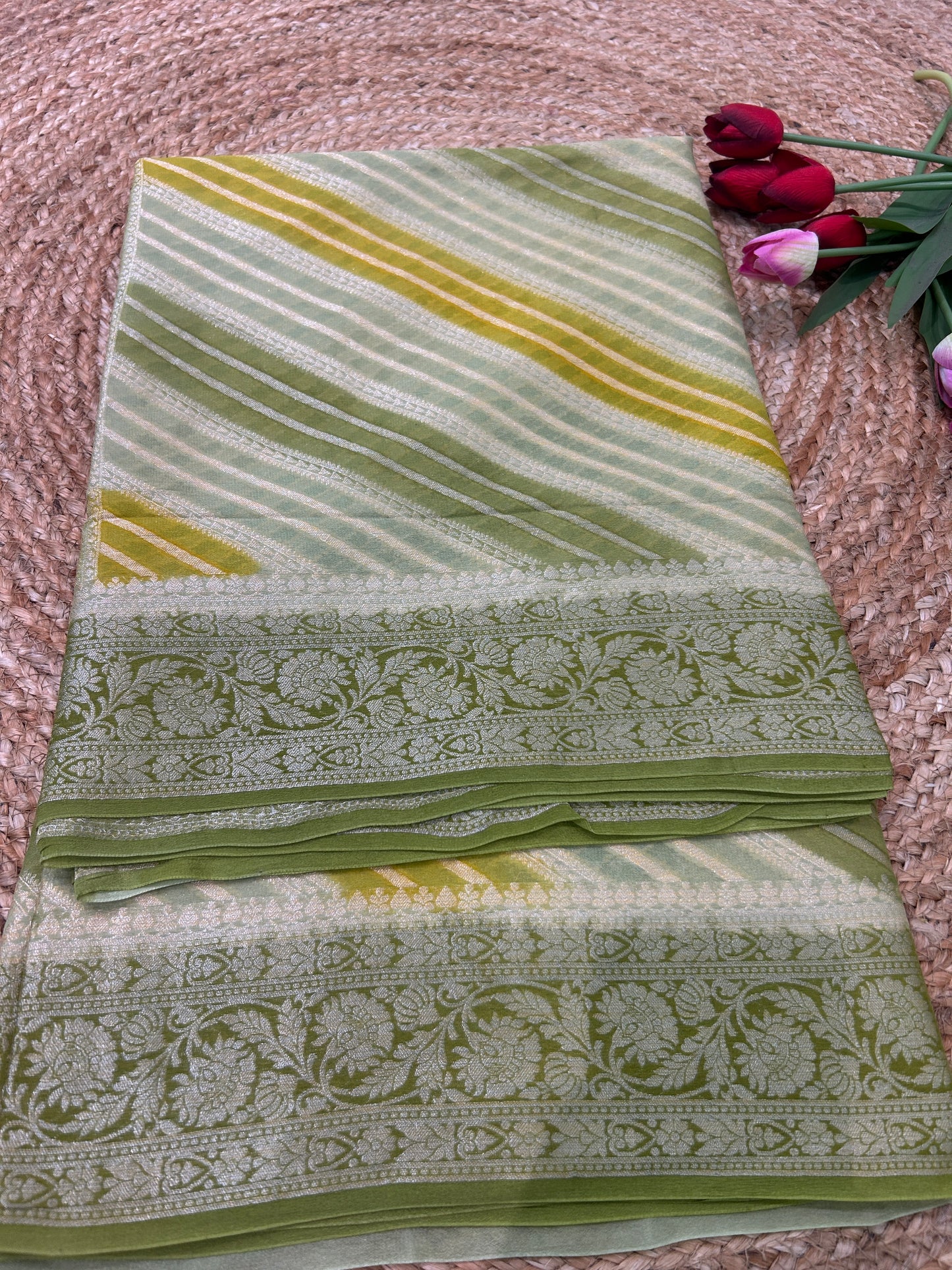 Authentic Handloom Pistachio Green Pure Georgette Khaddi weaving Saree