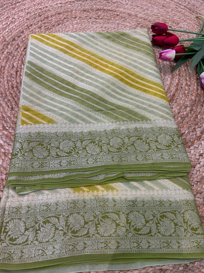 Authentic Handloom Pistachio Green Pure Georgette Khaddi weaving Saree