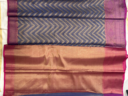 Royal Blue & Magenta with Antique Gold Zari Linen Tissue Banarasi saree with Brocade blouse piece
