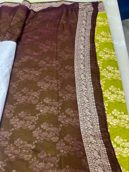 Parrot Green Handloom Khaddi Georgette Banarasi Saree with contrast brown blouse