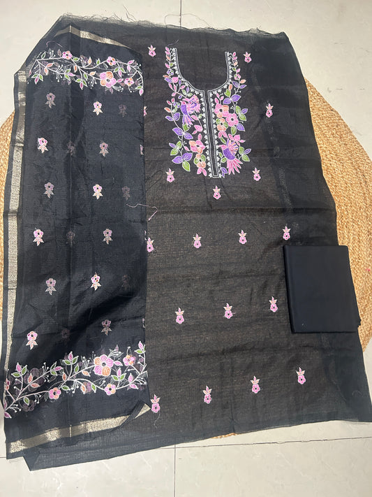 Black Floral Embroidered Mix Cotton Kota Doria 3-Piece Suit Set