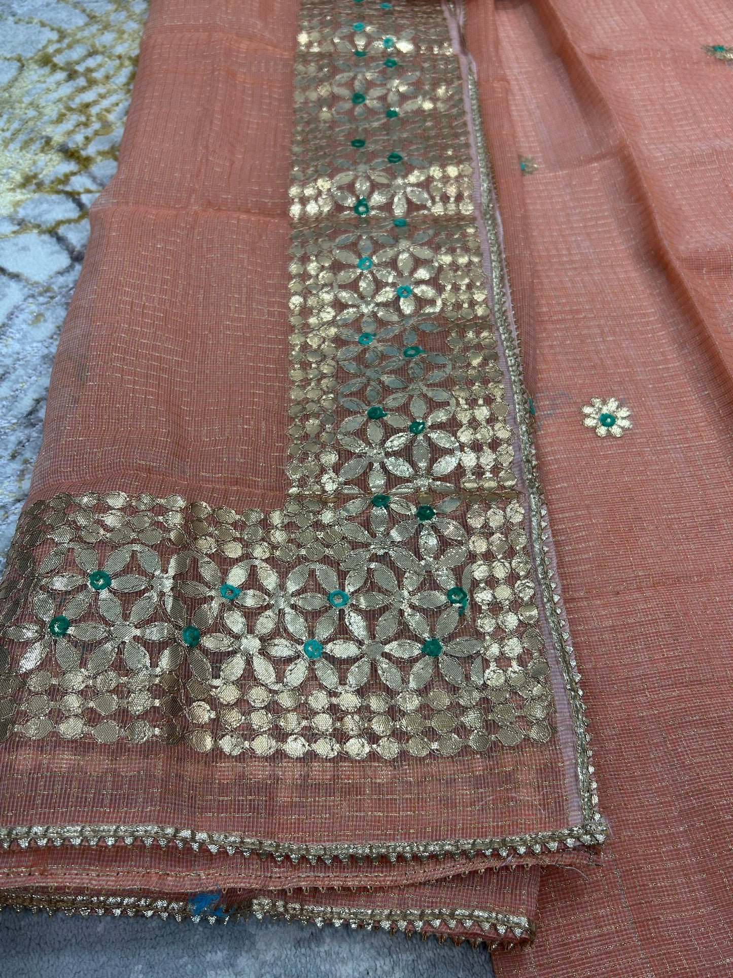 Peach color Kota Doria  with Gotapatti 3 piece unstitched Dress Material