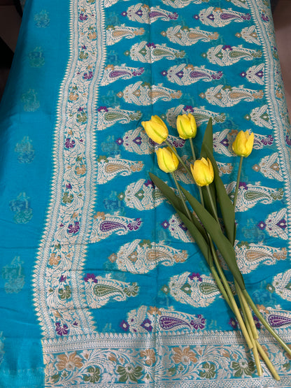 Authentic Handloom Pure Khaddi Georgette Banarasi Saree – Turquoise Blue with Meenakari Weaving