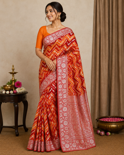 Authentic Handloom Orange & Red Pure Georgette Khaddi weaving Handloom Saree