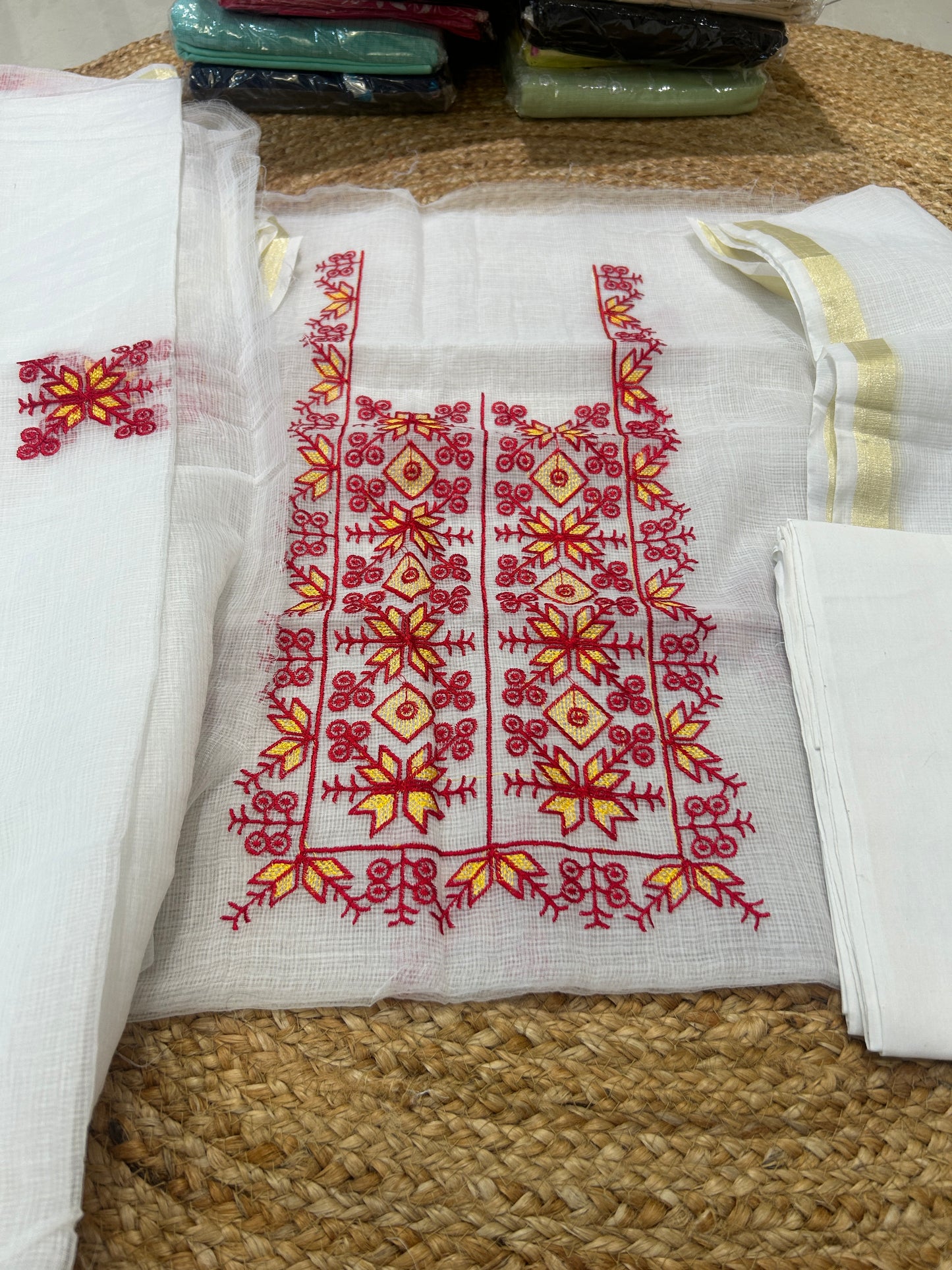Red & Mustard Embroidered Mix Cotton Kota Doria 3-Piece Unstitched Suit Set