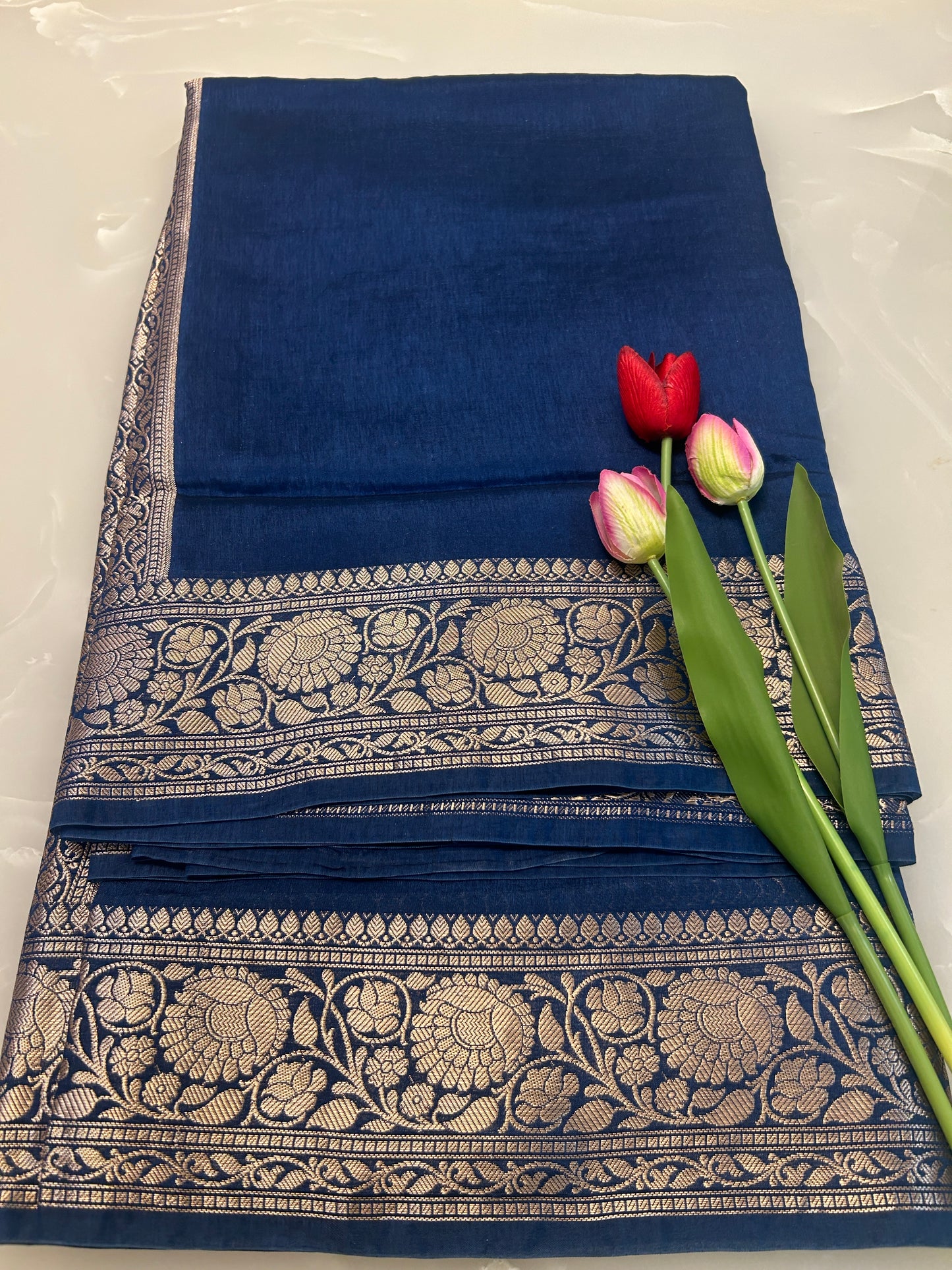 Deep blue color plain body Dupion Silk Handloom Banarasi Saree