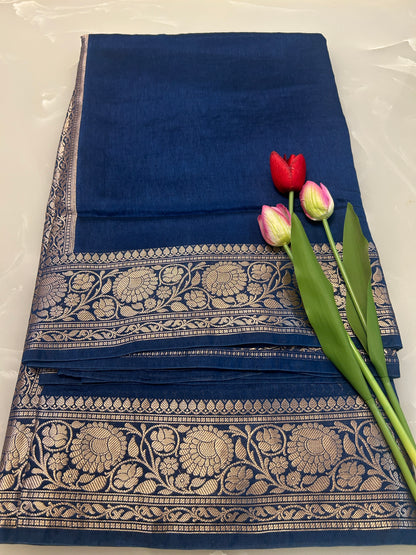 Deep blue color plain body Dupion Silk Handloom Banarasi Saree