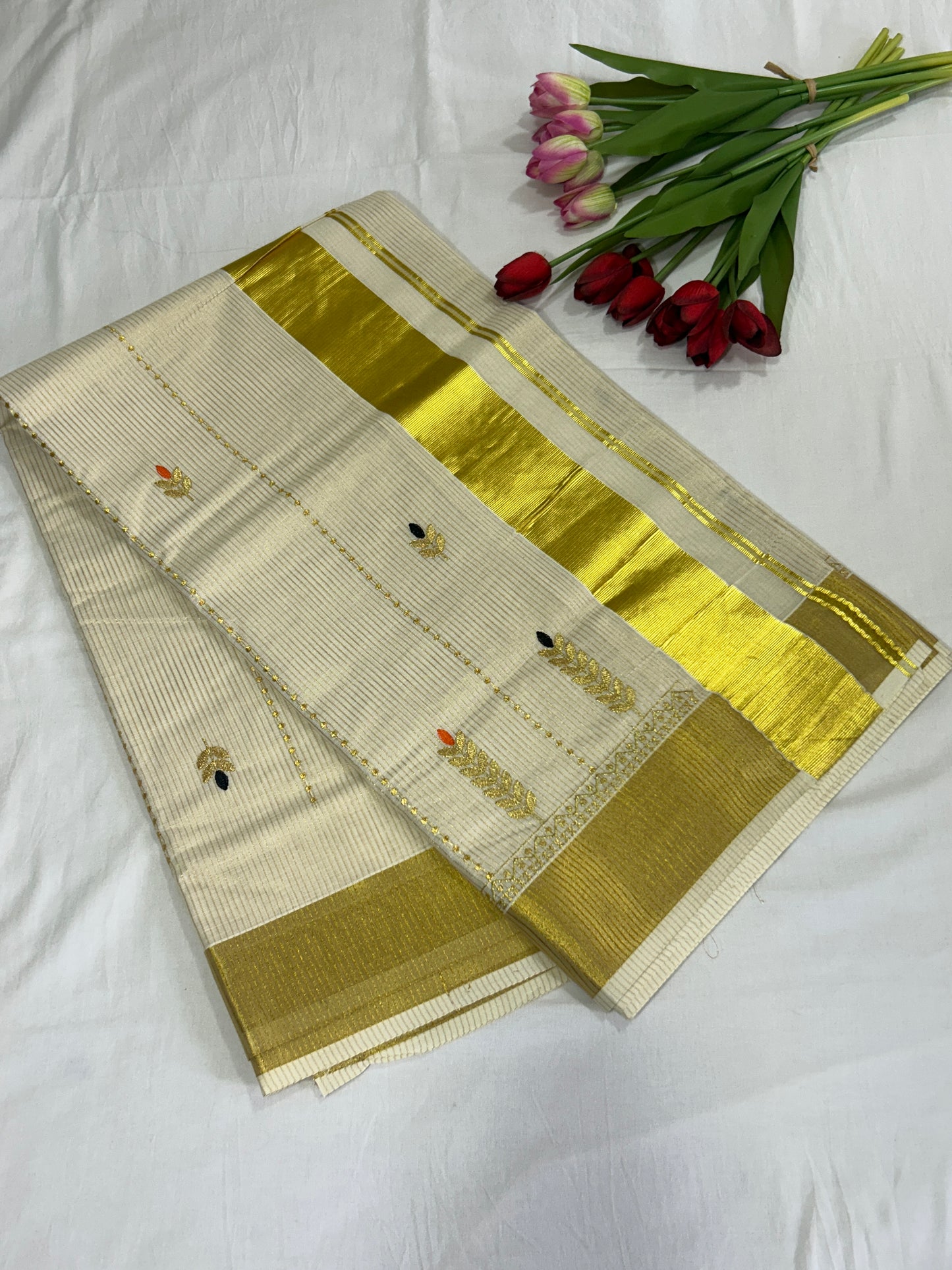 Kerala cotton saree with golden stripes all through the body with kasavu pallu  SMC238