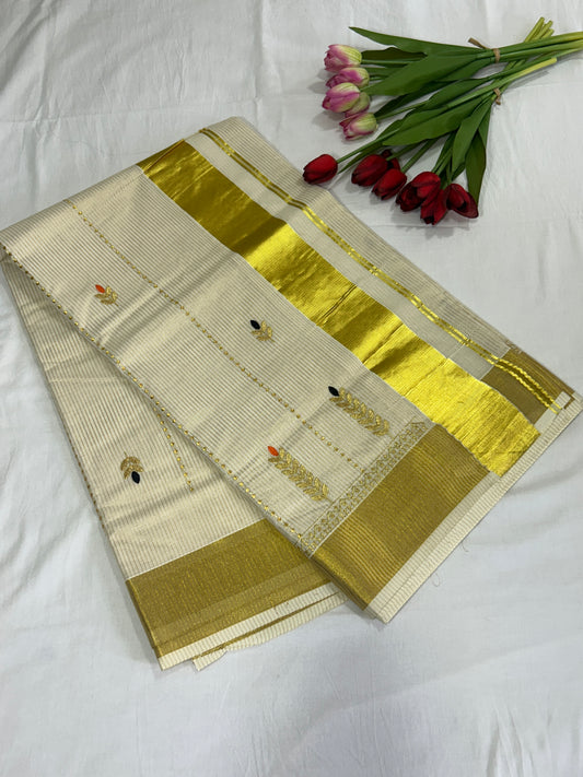 Kerala cotton saree with golden stripes all through the body with kasavu pallu  SMC238