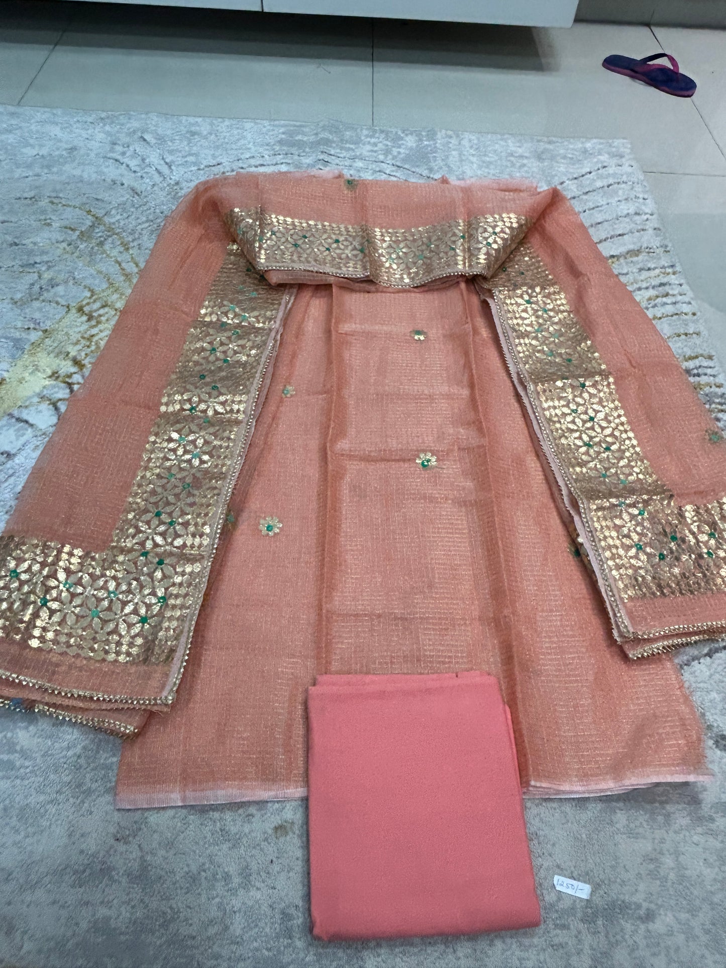 Peach color Kota Doria  with Gotapatti 3 piece unstitched Dress Material