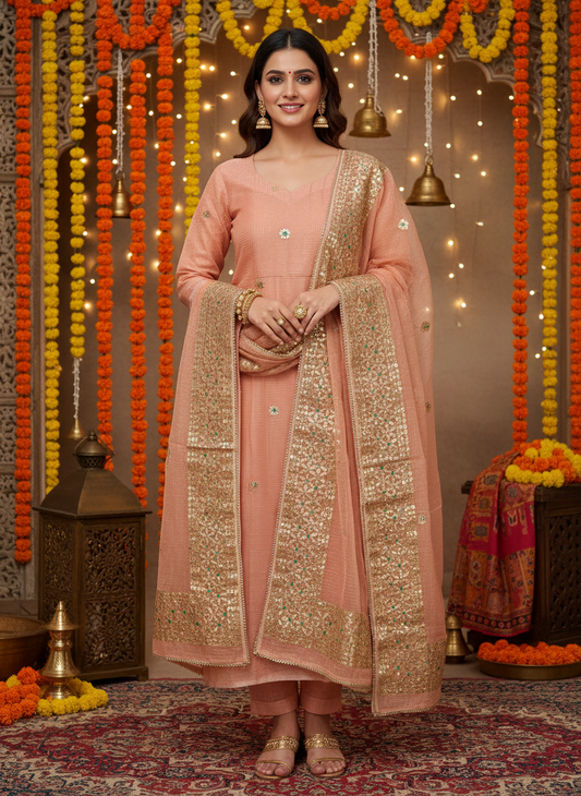 Peach color Kota Doria  with Gotapatti 3 piece unstitched Dress Material