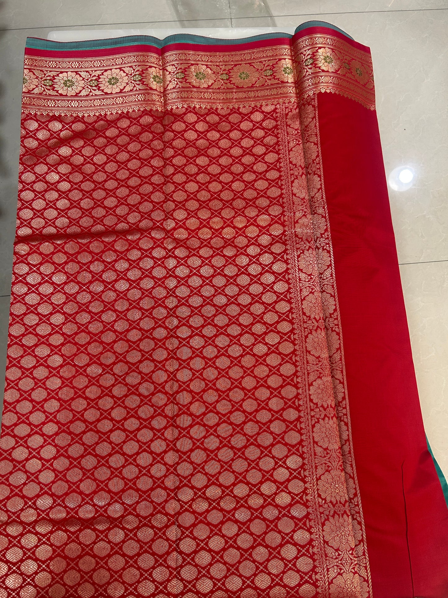 Teal Green Katan Semi Silk Banarasi Saree with Contrast Red Brocade Pallu and Blouse Piece SSB224