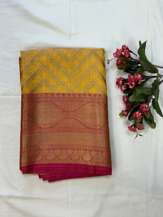 Mustard Yellow with Rani Pink border with Antique Gold Zari Linen Tissue Banarasi saree with Brocade blouse piece
