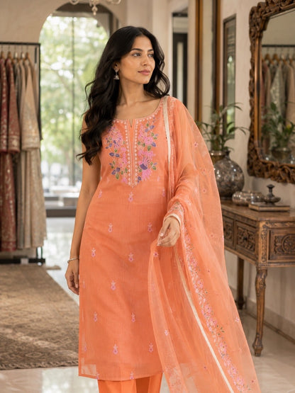 Peach Orange Floral Embroidered Mix Cotton Kota Doria 3-Piece Suit Set