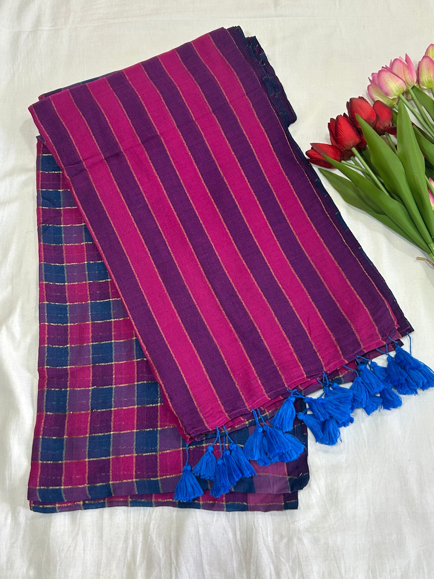 Rainbow mulcotton with majenta and teal blue checked pattern body and vertical striped pallu SMC 233