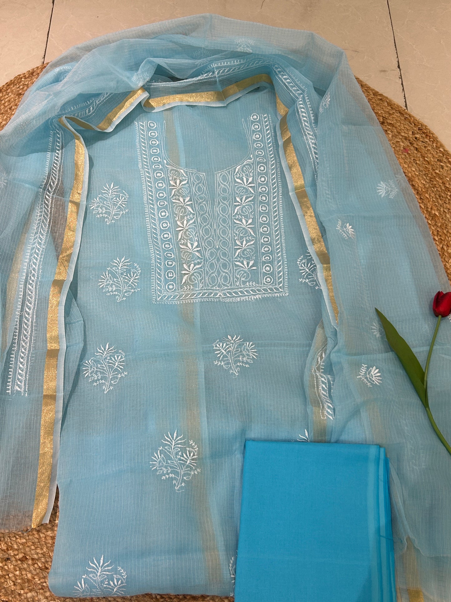 Aqua Blue Mix Cotton Kota Doria Unstitched Suit Set