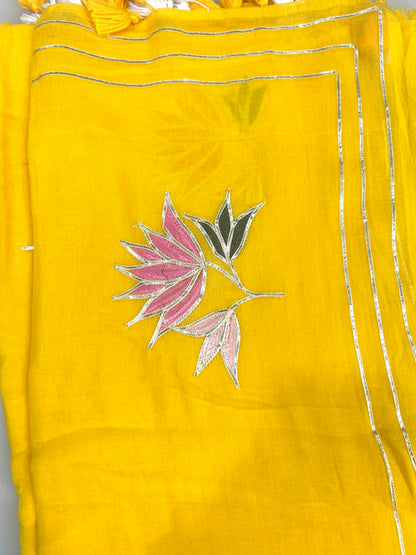 Mango Yellow  color Mulcotton saree with Gottapatti embroidery work