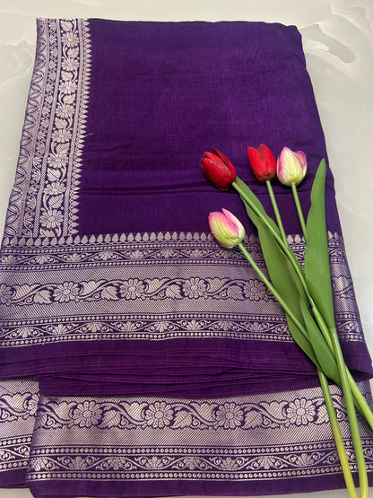 Dark Purple color plain body Dupion Silk Handloom Banarasi Saree