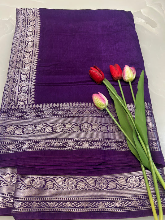 Dark Purple color plain body Dupion Silk Handloom Banarasi Saree
