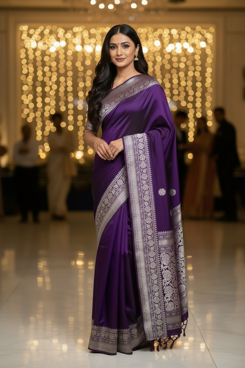Dark Purple color plain body Dupion Silk Handloom Banarasi Saree