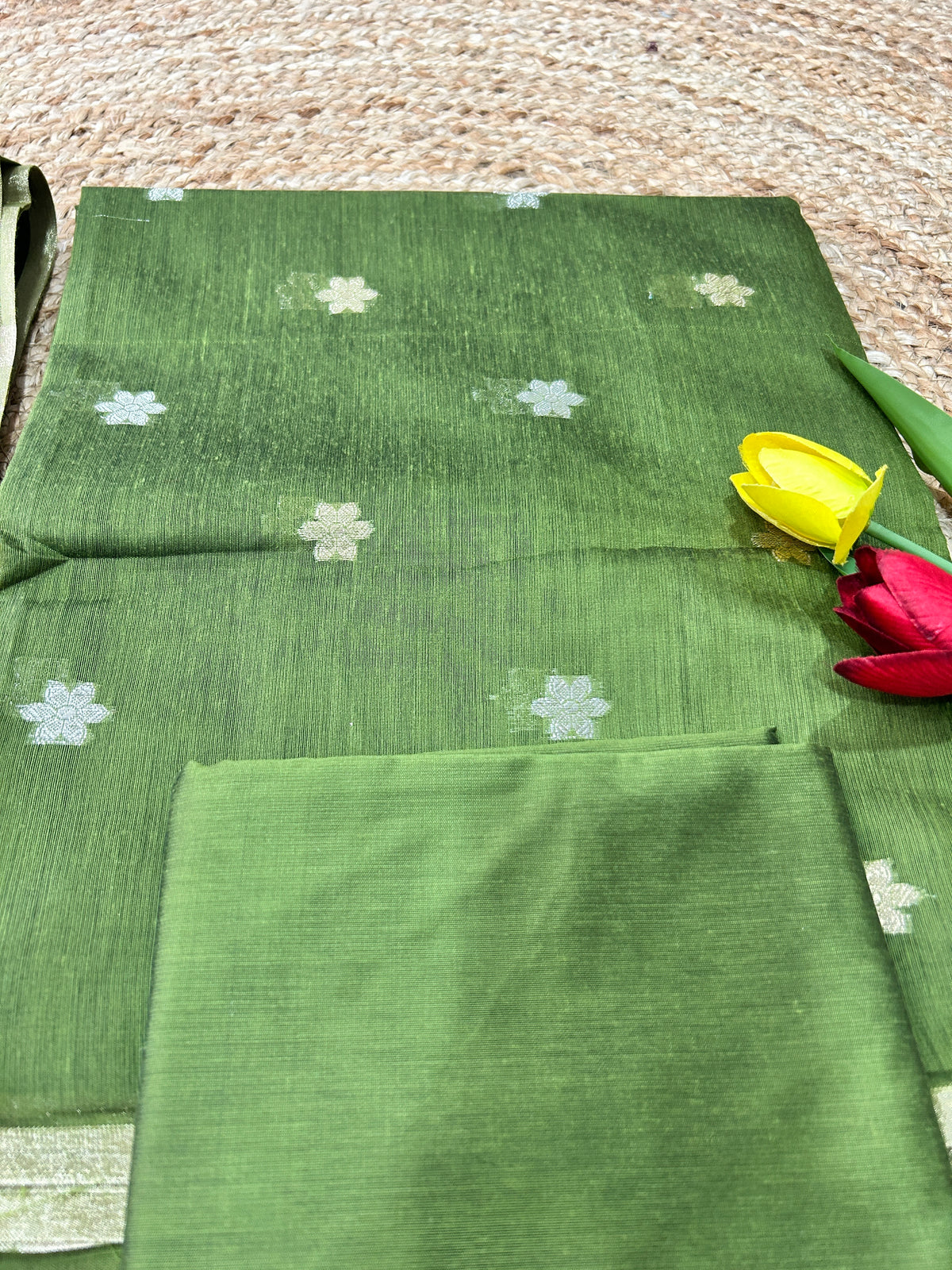 Olive Green Cotton Silk  Banarasi 3-Piece Suit Material