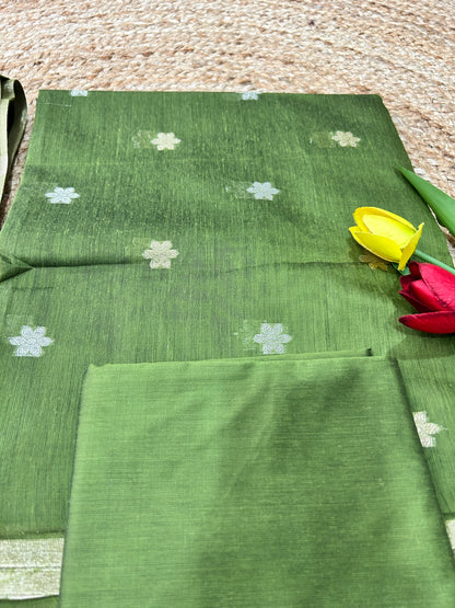 Olive Green Cotton Silk  Banarasi 3-Piece Suit Material