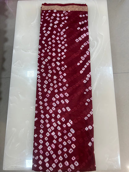 Maroon Bandhani Saree with Lehariya pattern and  Zari Border SB191