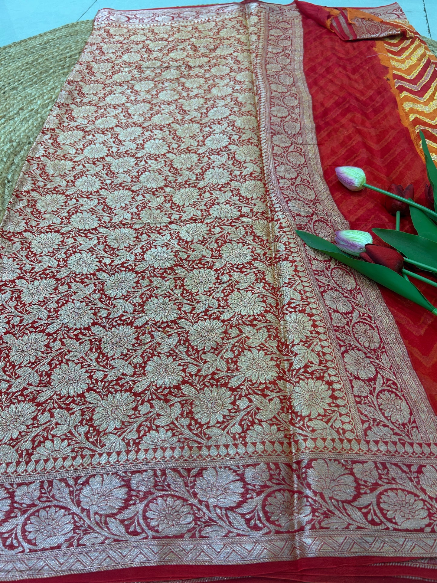 Authentic Handloom Orange & Red Pure Georgette Khaddi weaving Handloom Saree
