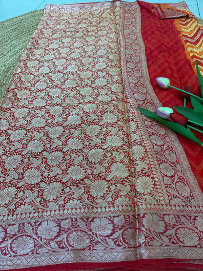 Authentic Handloom Orange & Red Pure Georgette Khaddi weaving Handloom Saree