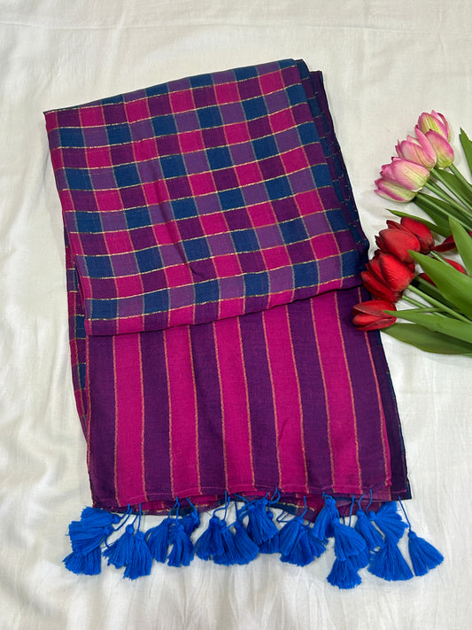 Rainbow mulcotton with majenta and teal blue checked pattern body and vertical striped pallu SMC 233