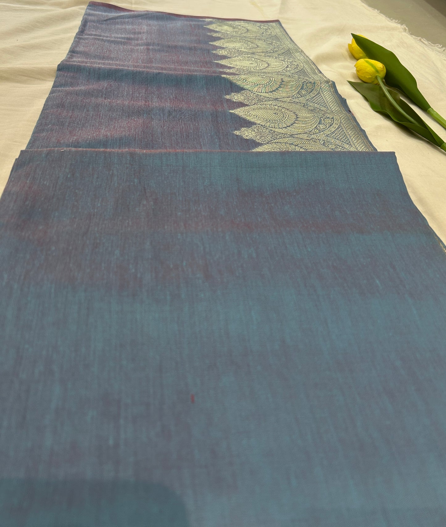 Dusty steel blue color with Solid color body Banarasi 3 piece set