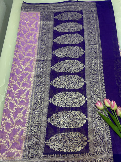 Lavendar Handwoven Handloom Khaddi Georgette Banarasi Saree with contrast purple blouse