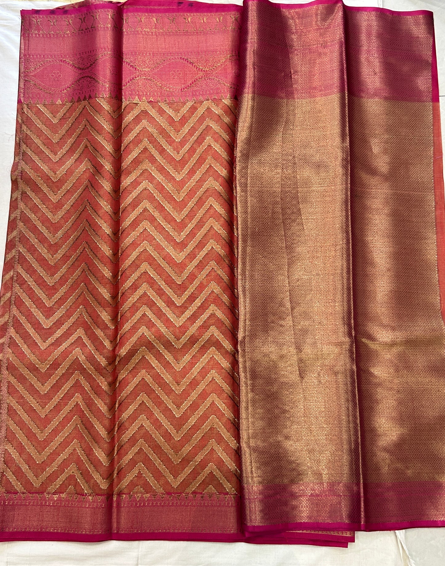 Burnt Orange with Rani Pink border with Antique Gold Zari Linen Tissue Banarasi saree with Brocade blouse piece