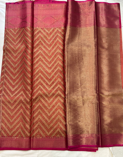 Burnt Orange with Rani Pink border with Antique Gold Zari Linen Tissue Banarasi saree with Brocade blouse piece