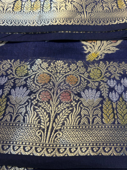 Navy Blue color Dupion Silk Handloom Banarasi Saree