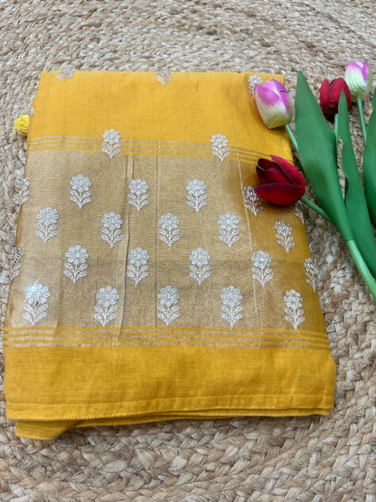 Mustard Yellow Pure Mulcotton Zari Embroidered 3-Piece Dress Material