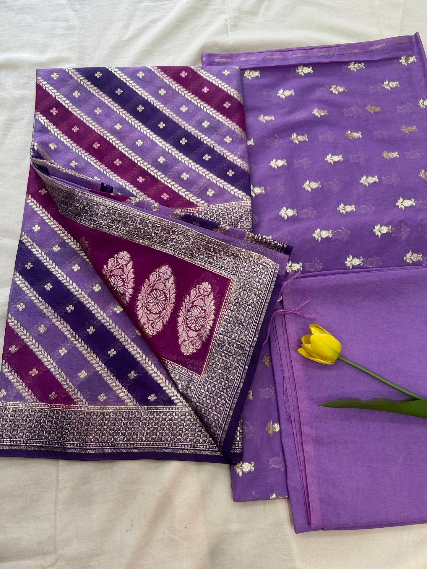 Lavender and Purple silver butti banarasi 3 piece set with diagonal striped dupatta