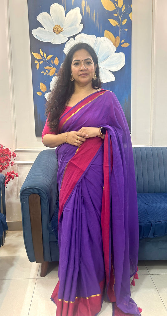 Deep Purple Mulcotton saree with pink and golden stripe  SMC249