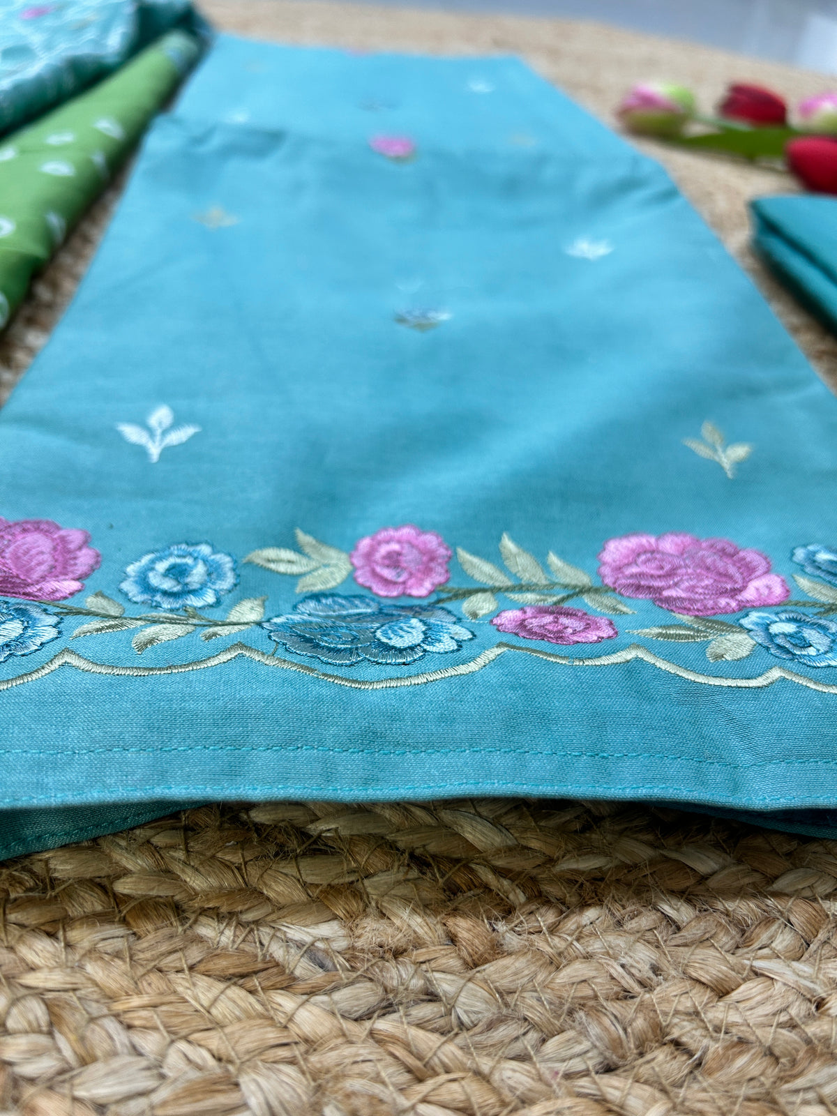 Turquoise Blue Chanderi Embroidered Dress Material