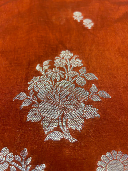 Rust Orange color boarderless  Dupion Silk Handloom Banarasi Saree