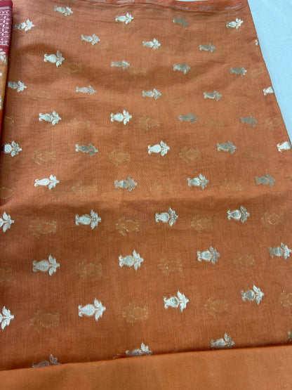 Rust orange golden butti banarasi 3 piece set with diagonal striped dupatta